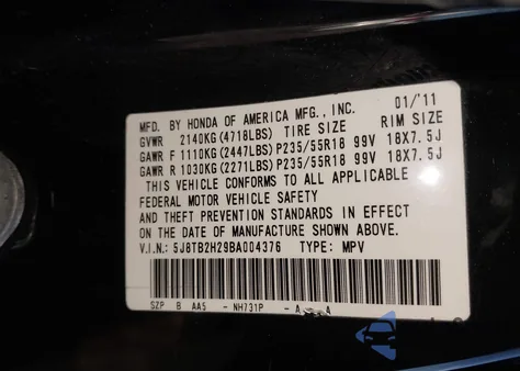 2011 Acura Rdx z USA, uszkodzony, nr VIN 5J8TB2H29BA004376